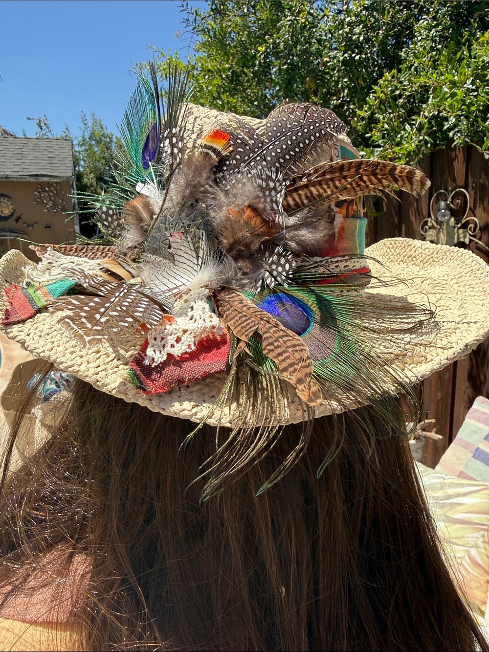 Custom straw cowboy hat w Peacock,feathers leather ,vintage cloth, card sheriff - Picture 3 of 17